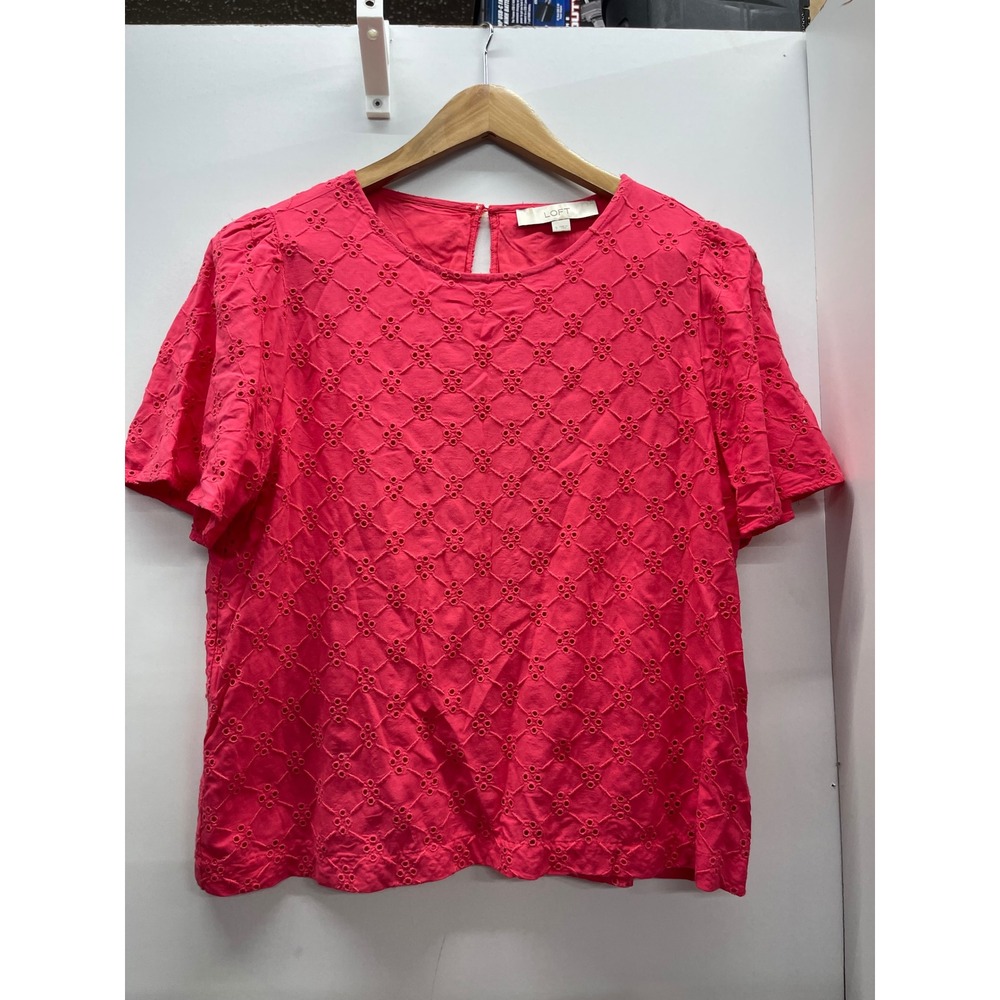 Loft Womens Small Pink Eyelet Embroidered Short Sleeve Keyhole Back Blouse